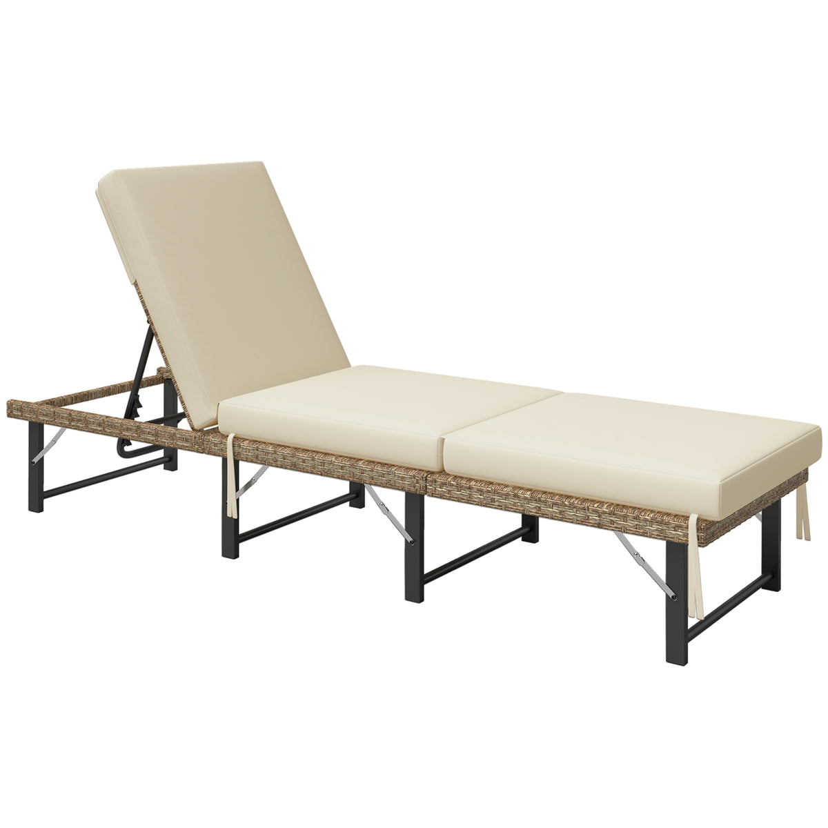 Outsunny Folding Rattan Sun Lounger with 6-Level Adjustable Back & 8cm Cushion – Garden Sun Bed, Natural
