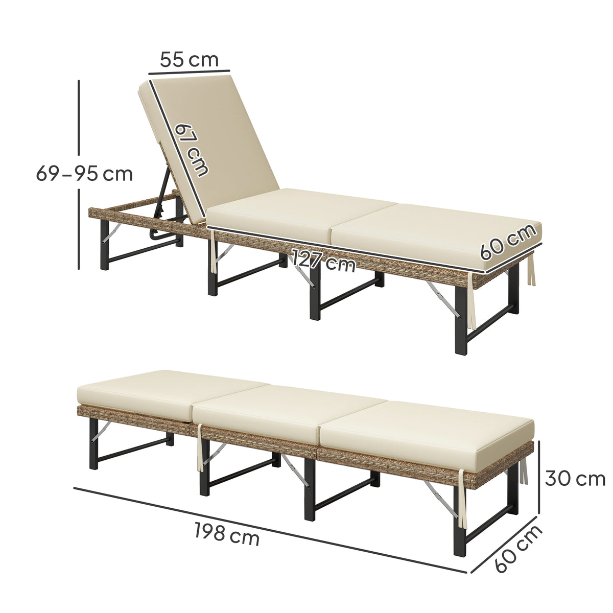 Outsunny Folding Rattan Sun Lounger with 6-Level Adjustable Back & 8cm Cushion – Garden Sun Bed, Natural