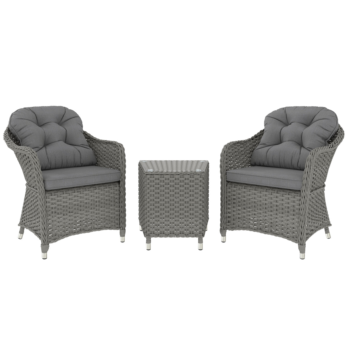 Outsunny 3-Piece Aluminium Rattan Bistro Set with Cushions & Side Table – Garden Patio Furniture, Light Grey