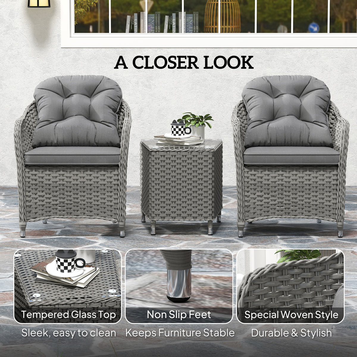 Outsunny 3-Piece Aluminium Rattan Bistro Set with Cushions & Side Table – Garden Patio Furniture, Light Grey