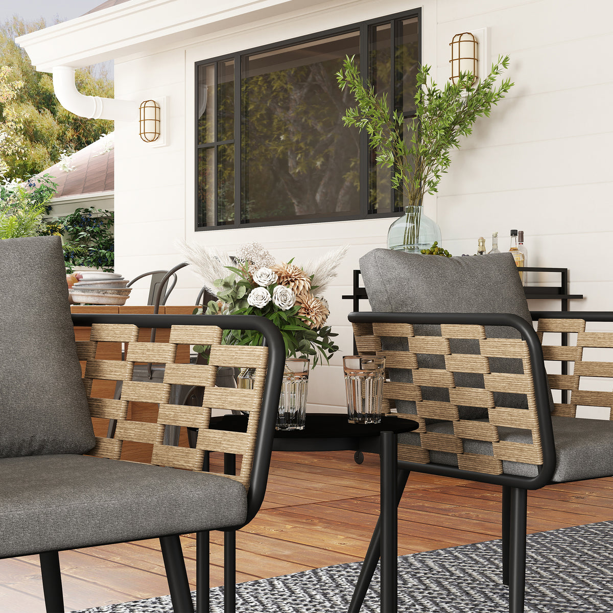 Outsunny 3-Piece Rattan Bistro Set with Cushions & Tempered Glass Table – Garden Balcony Furniture