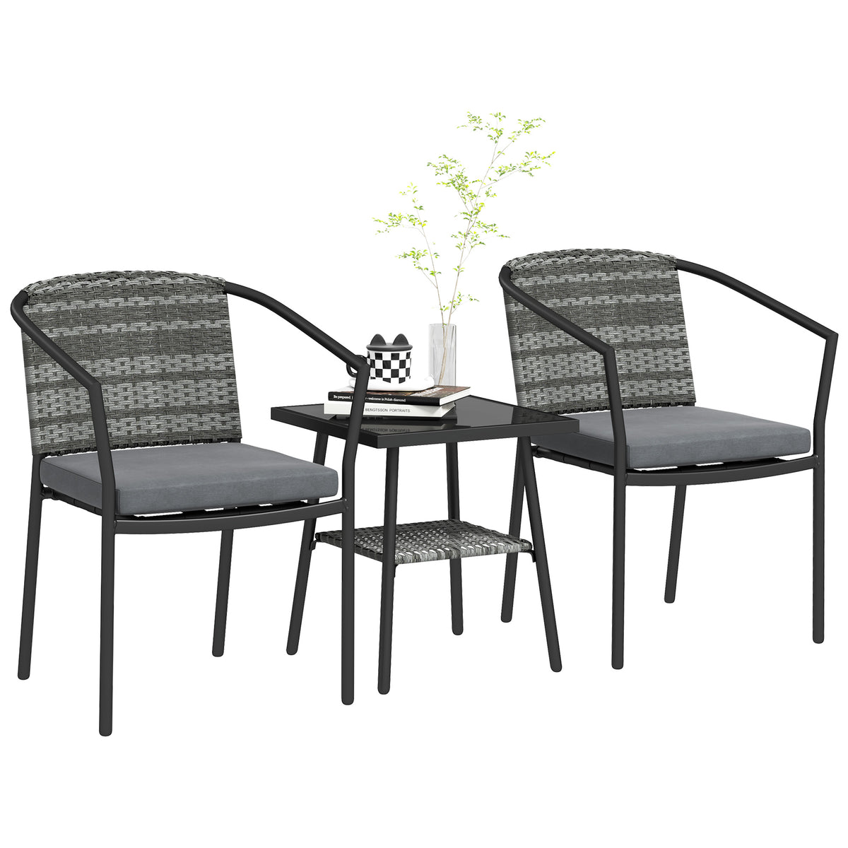 Outsunny 3-Piece Rattan Bistro Set with Glass-Top Coffee Table and 2 Cushioned Chairs – Balcony, Grey