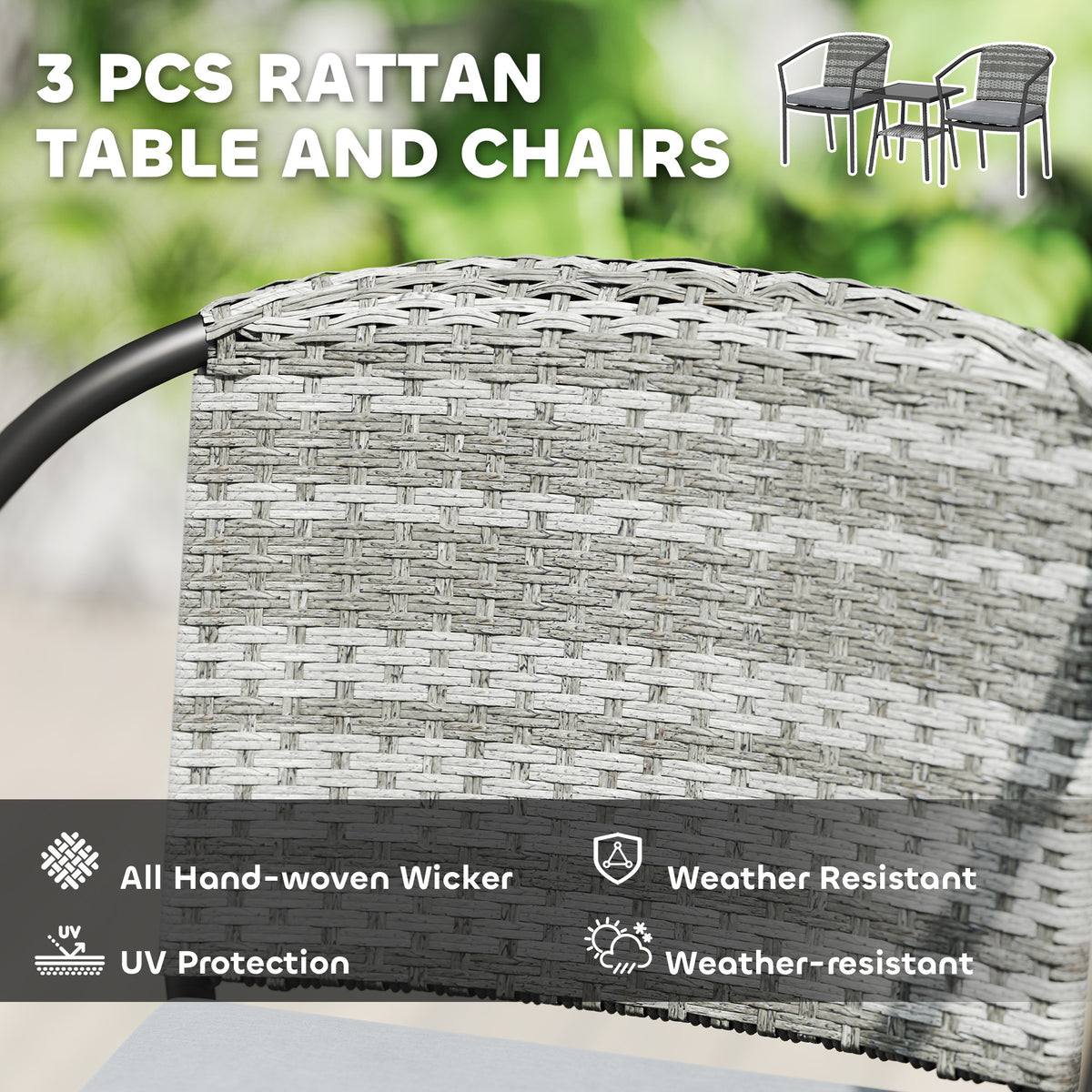 Outsunny 3-Piece Rattan Bistro Set with Glass-Top Coffee Table and 2 Cushioned Chairs – Balcony, Grey
