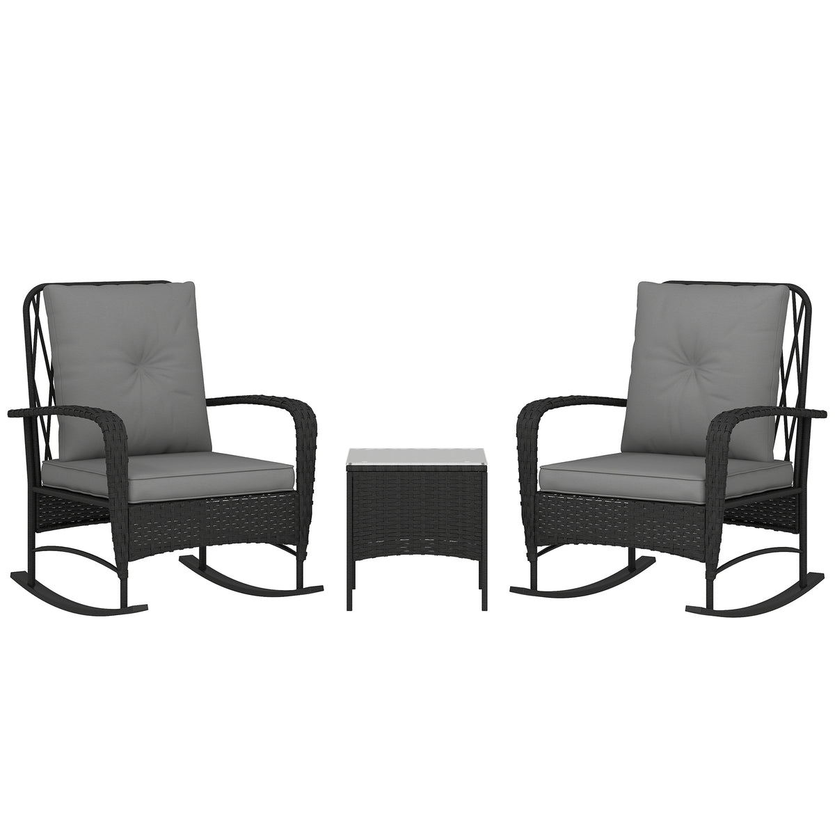 Outsunny 3-Piece Rattan Bistro Set with 2 Rocking Chairs and Tempered Glass Table – Balcony, Black/Grey