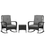 Outsunny 3-Piece Rattan Bistro Set with 2 Rocking Chairs and Tempered Glass Table – Balcony, Black/Grey