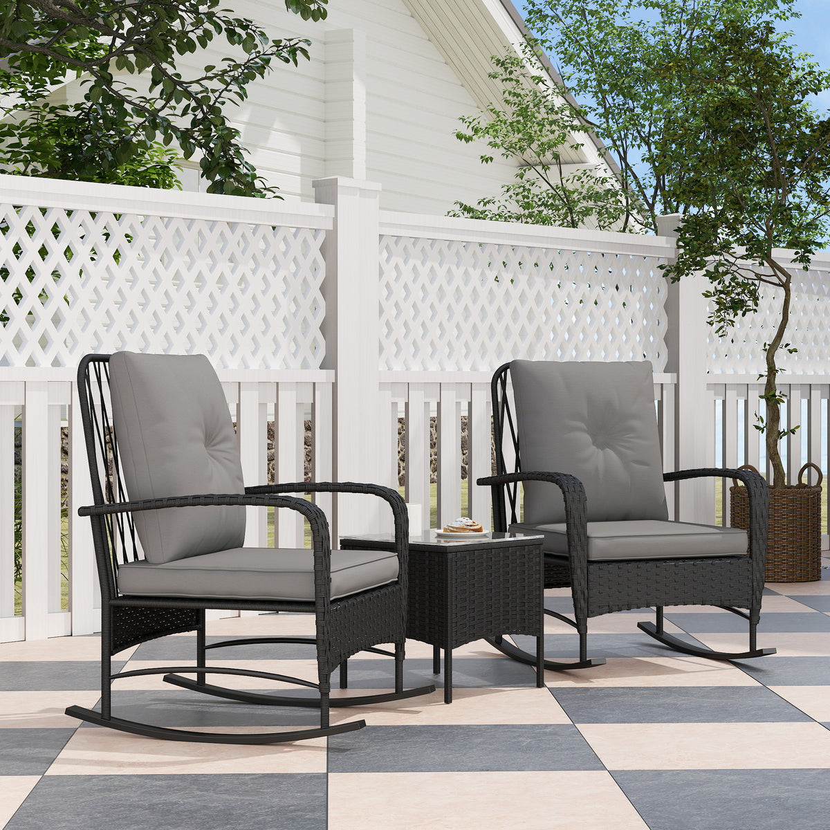 Outsunny 3-Piece Rattan Bistro Set with 2 Rocking Chairs and Tempered Glass Table – Balcony, Black/Grey
