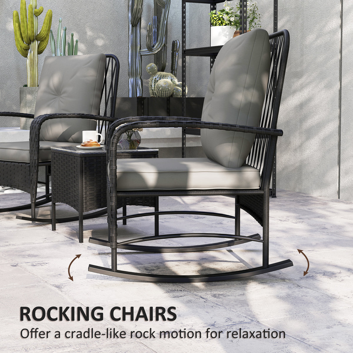 Outsunny 3-Piece Rattan Bistro Set with 2 Rocking Chairs and Tempered Glass Table – Balcony, Black/Grey