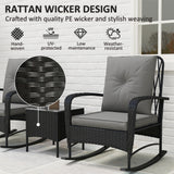 Outsunny 3-Piece Rattan Bistro Set with 2 Rocking Chairs and Tempered Glass Table – Balcony, Black/Grey