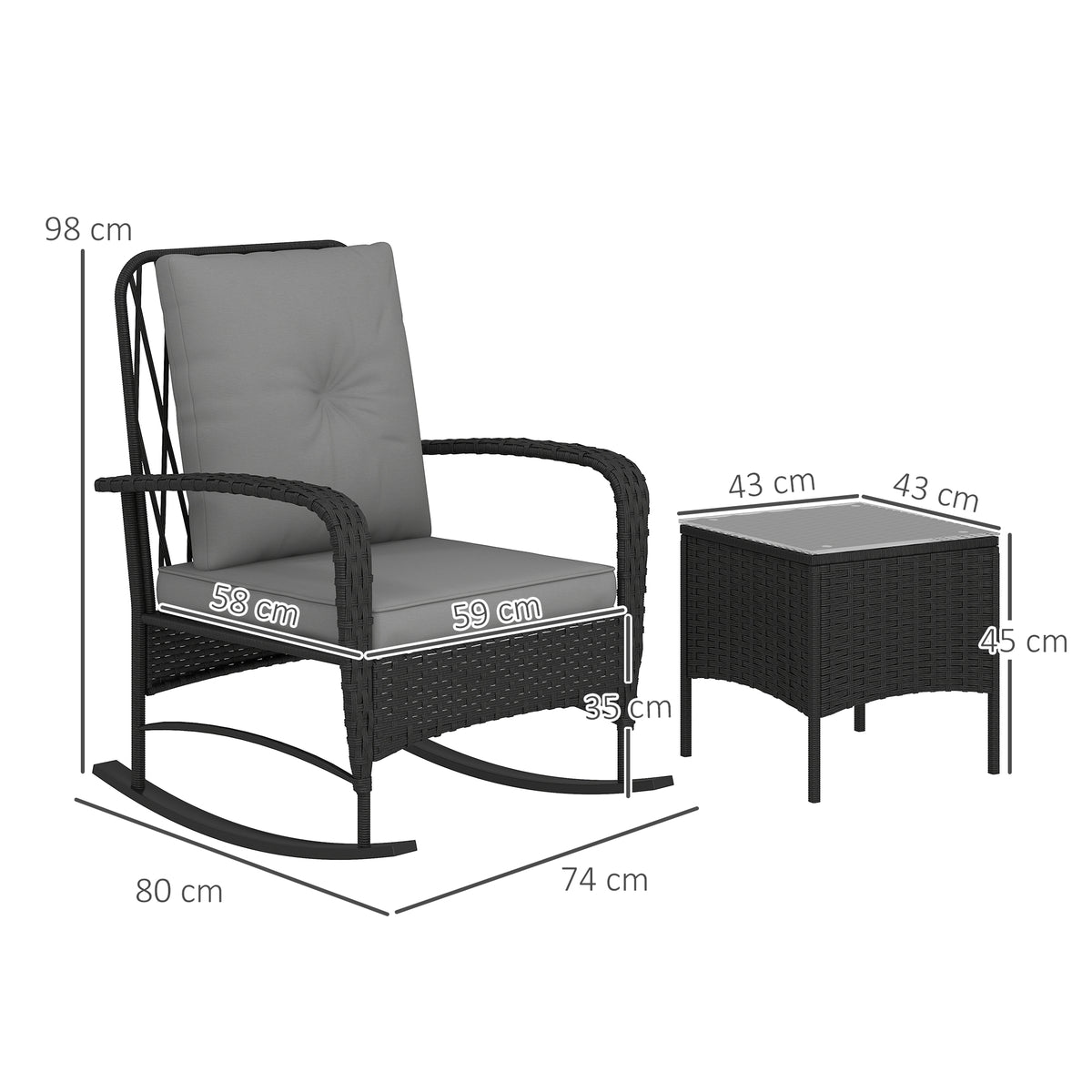 Outsunny 3-Piece Rattan Bistro Set with 2 Rocking Chairs and Tempered Glass Table – Balcony, Black/Grey