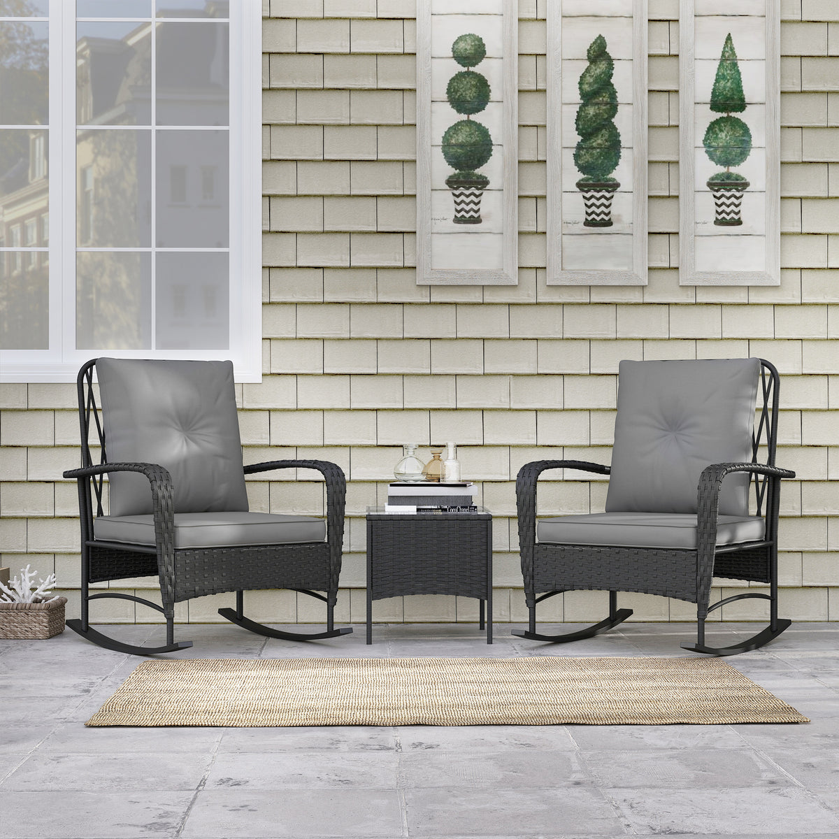 Outsunny 3-Piece Rattan Bistro Set with 2 Rocking Chairs and Tempered Glass Table – Balcony, Black/Grey