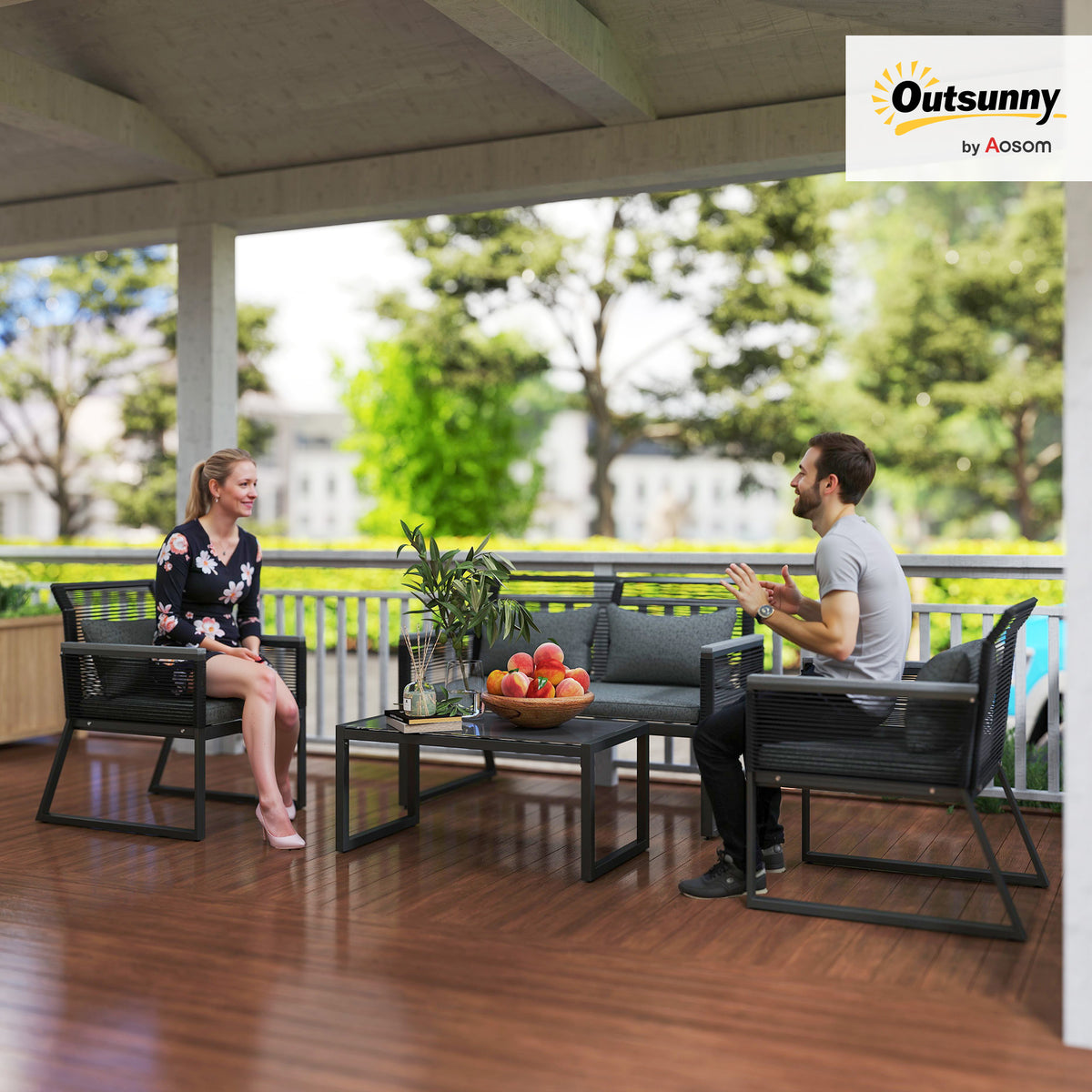 Outsunny 4-Piece Rattan Garden Furniture Set with Loveseat, Chairs & Glass Coffee Table – Seats 4