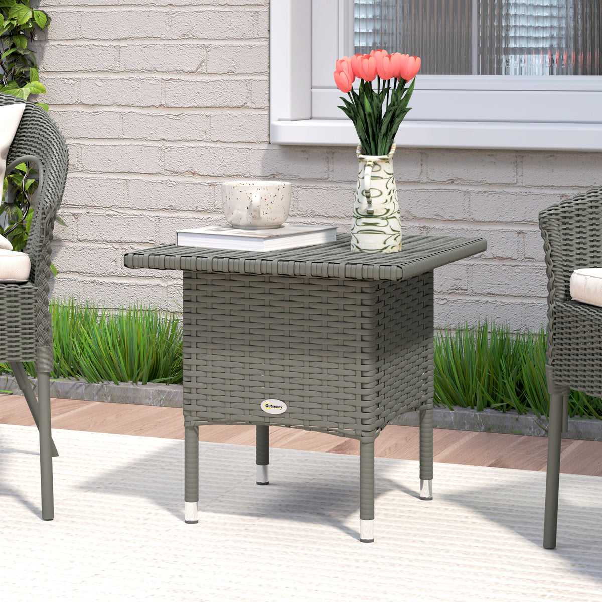 Outsunny PE Rattan Outdoor Coffee Table with Metal Frame, 50 x 50 x 47cm – Garden Side Table, Grey