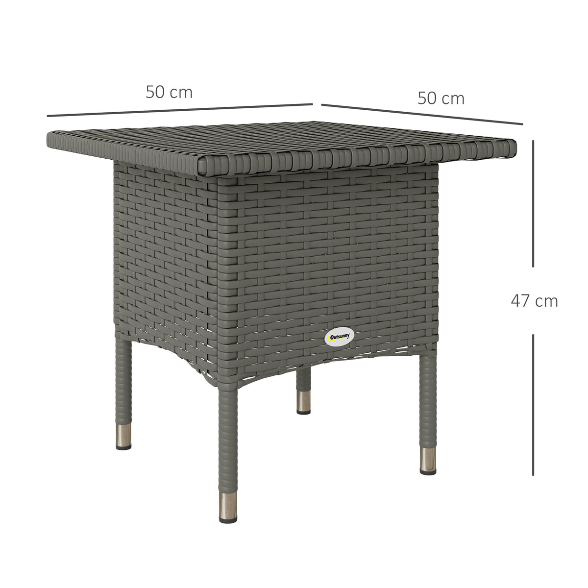 Outsunny PE Rattan Outdoor Coffee Table with Metal Frame, 50 x 50 x 47cm – Garden Side Table, Grey
