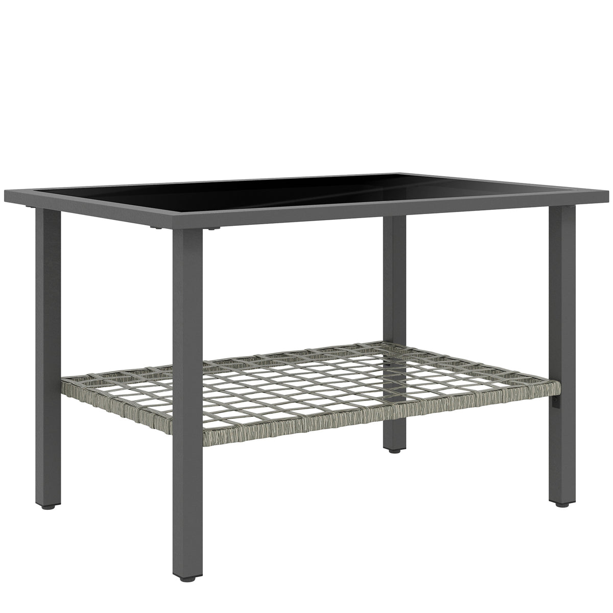Outsunny Rattan Coffee Table with Tempered Glass Top & Storage Shelf – Patio Side Table, Mixed Grey