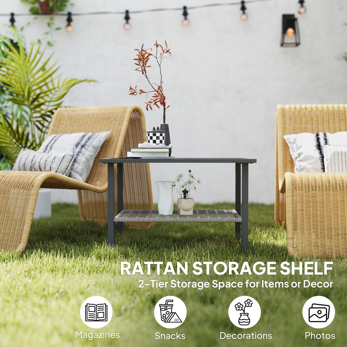 Outsunny Rattan Coffee Table with Tempered Glass Top & Storage Shelf – Patio Side Table, Mixed Grey