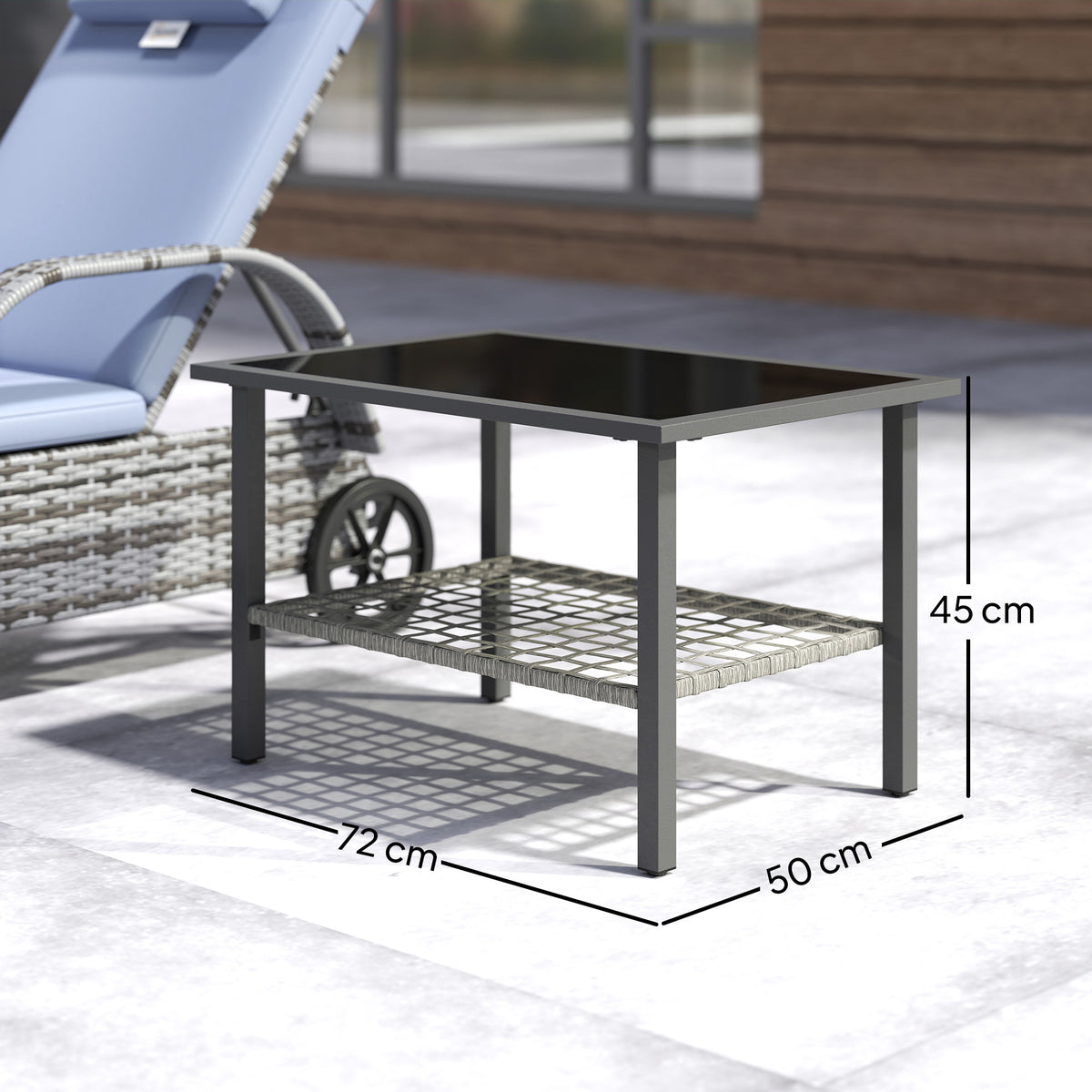 Outsunny Rattan Coffee Table with Tempered Glass Top & Storage Shelf – Patio Side Table, Mixed Grey