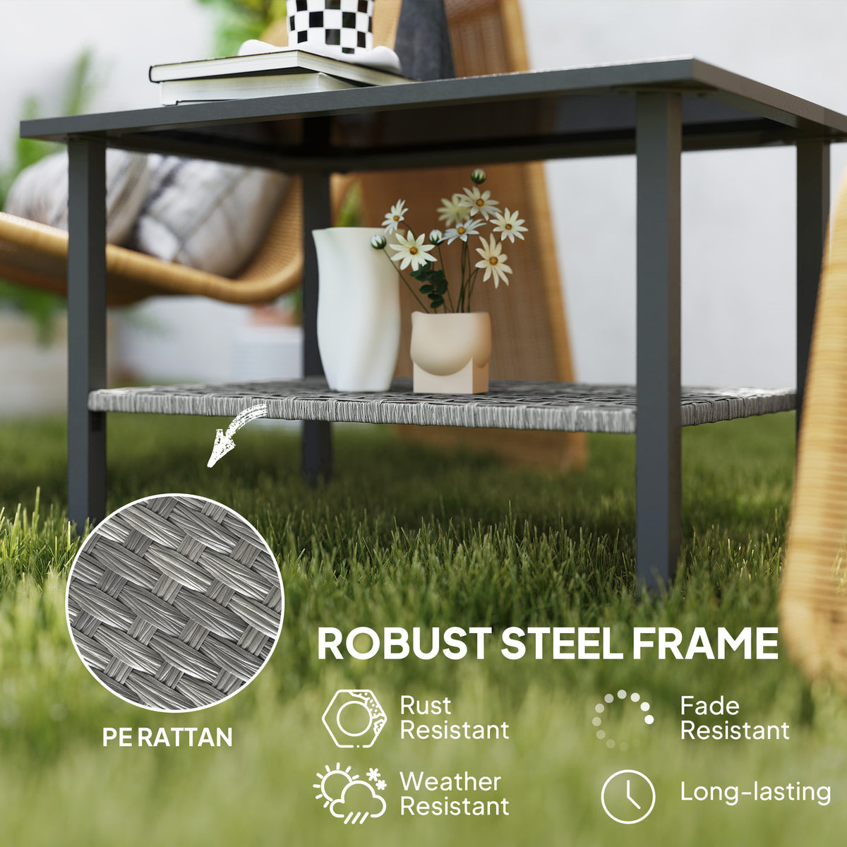 Outsunny Rattan Coffee Table with Tempered Glass Top & Storage Shelf – Patio Side Table, Mixed Grey