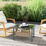 Outsunny Rattan Coffee Table with Tempered Glass Top & Storage Shelf – Indoor/Outdoor Patio Side Table, Mixed Grey