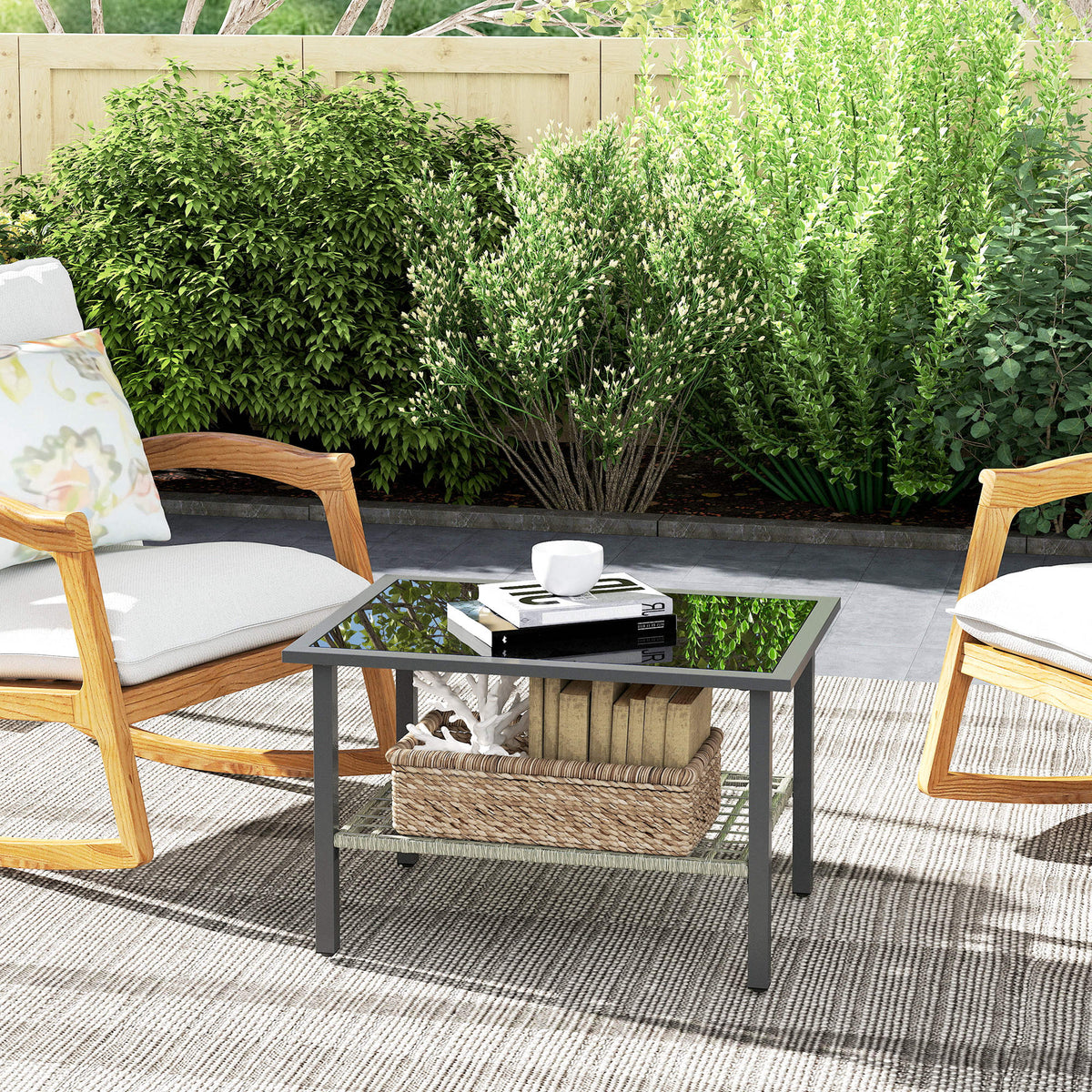 Outsunny Rattan Coffee Table with Tempered Glass Top & Storage Shelf – Patio Side Table, Mixed Grey