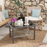 Outsunny Rattan Coffee Table with Tempered Glass Top & Storage Shelf – Indoor/Outdoor Patio Side Table, Mixed Grey