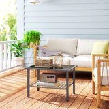 Outsunny Rattan Coffee Table with Tempered Glass Top & Storage Shelf – Indoor/Outdoor Patio Side Table, Mixed Grey