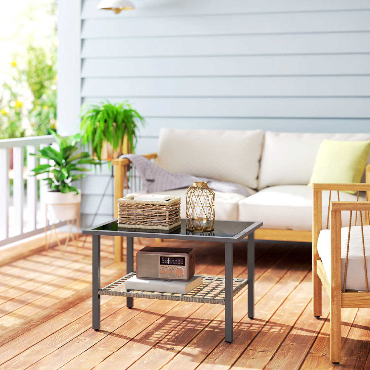 Outsunny Rattan Coffee Table with Tempered Glass Top & Storage Shelf – Patio Side Table, Mixed Grey