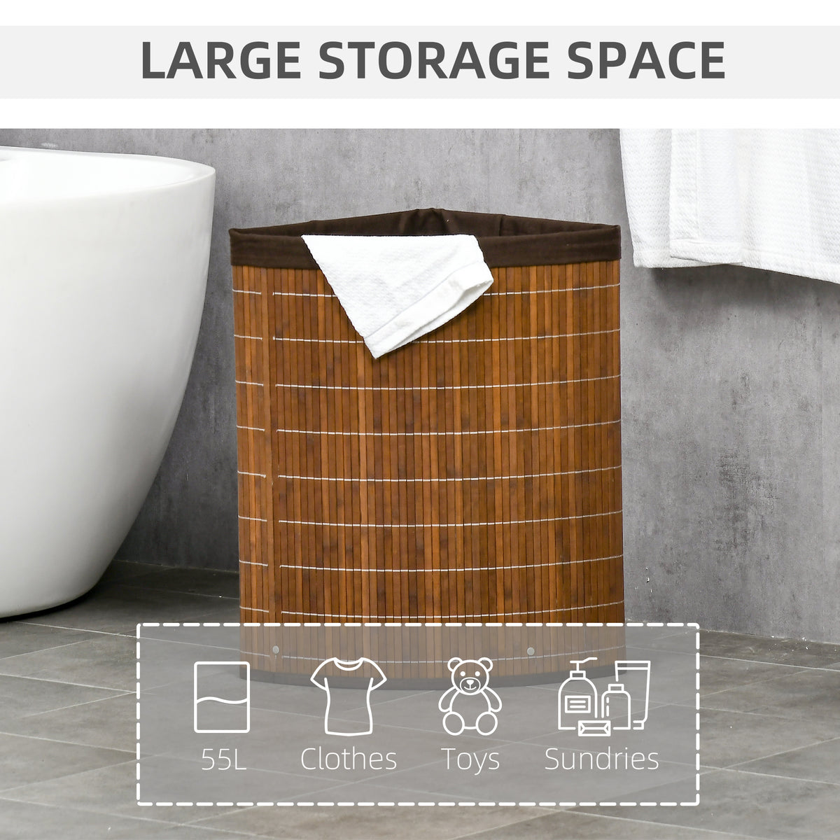 HOMCOM 55L Bamboo Corner Laundry Hamper with Lid and Removable Lining – Triangle Laundry Basket, Brown
