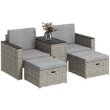 Outsunny 5-Piece Rattan Garden Set with Storage Table, Footstools & Padded Cushions – Patio, Grey
