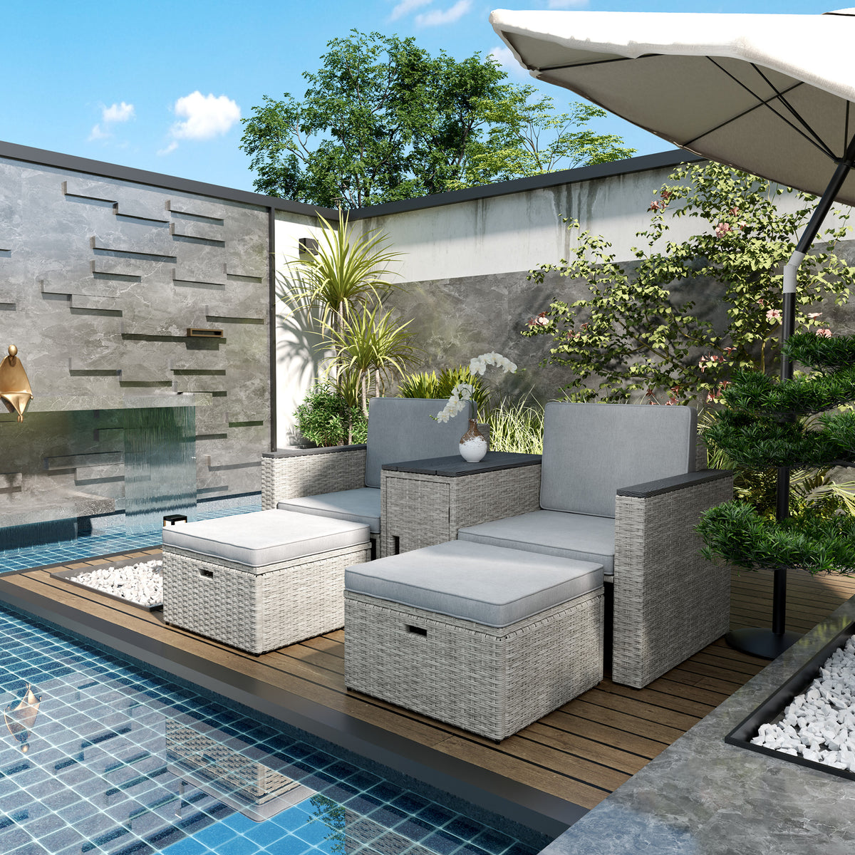 Outsunny 5-Piece Rattan Garden Set with Storage Table, Footstools & Padded Cushions – Patio, Grey