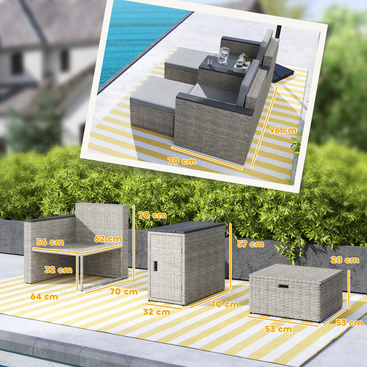 Outsunny 5-Piece Rattan Garden Set with Storage Table, Footstools & Padded Cushions – Patio, Grey