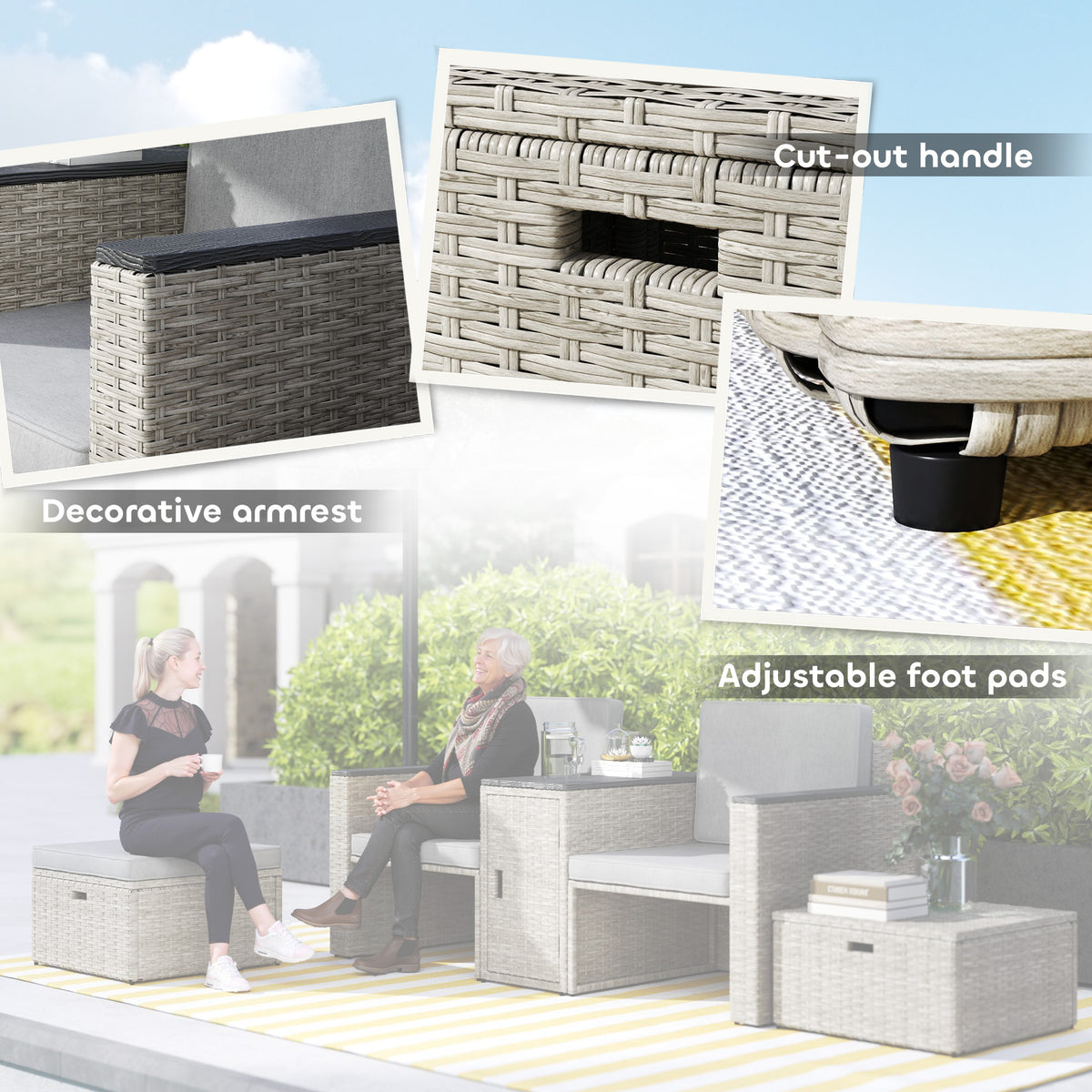 Outsunny 5-Piece Rattan Garden Set with Storage Table, Footstools & Padded Cushions – Patio, Grey