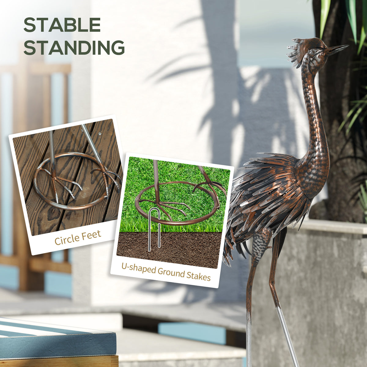 Outsunny Retro Heron Garden Statue, Metal Ornament with Ground Stakes – Outdoor Decor Gift, Silver Tone