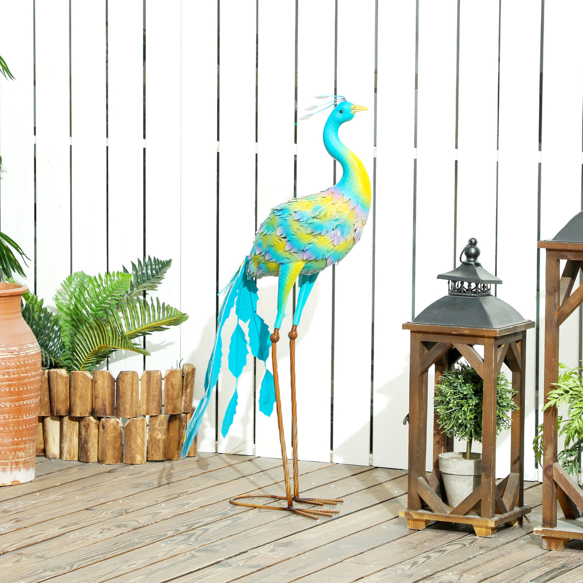 Outsunny Peacock Garden Statue with Ground Stakes – Fade-Resistant Metal Garden Ornament, Multi-Colour