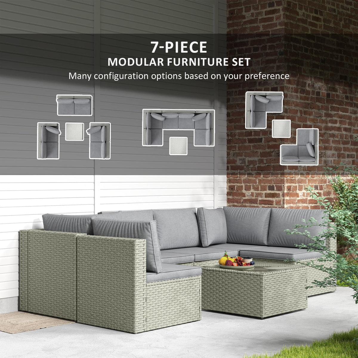 Outsunny 7-Piece Modular Rattan Garden Furniture Set with Cushions & Tempered Glass Table – Patio Set