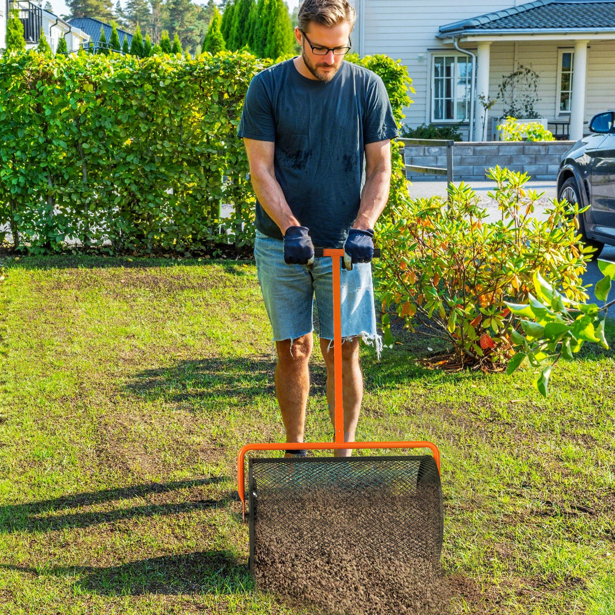 Outsunny 24-Inch Garden Compost Spreader with Height-Adjustable Handle and Mesh Door – Lawn Spreader, Orange