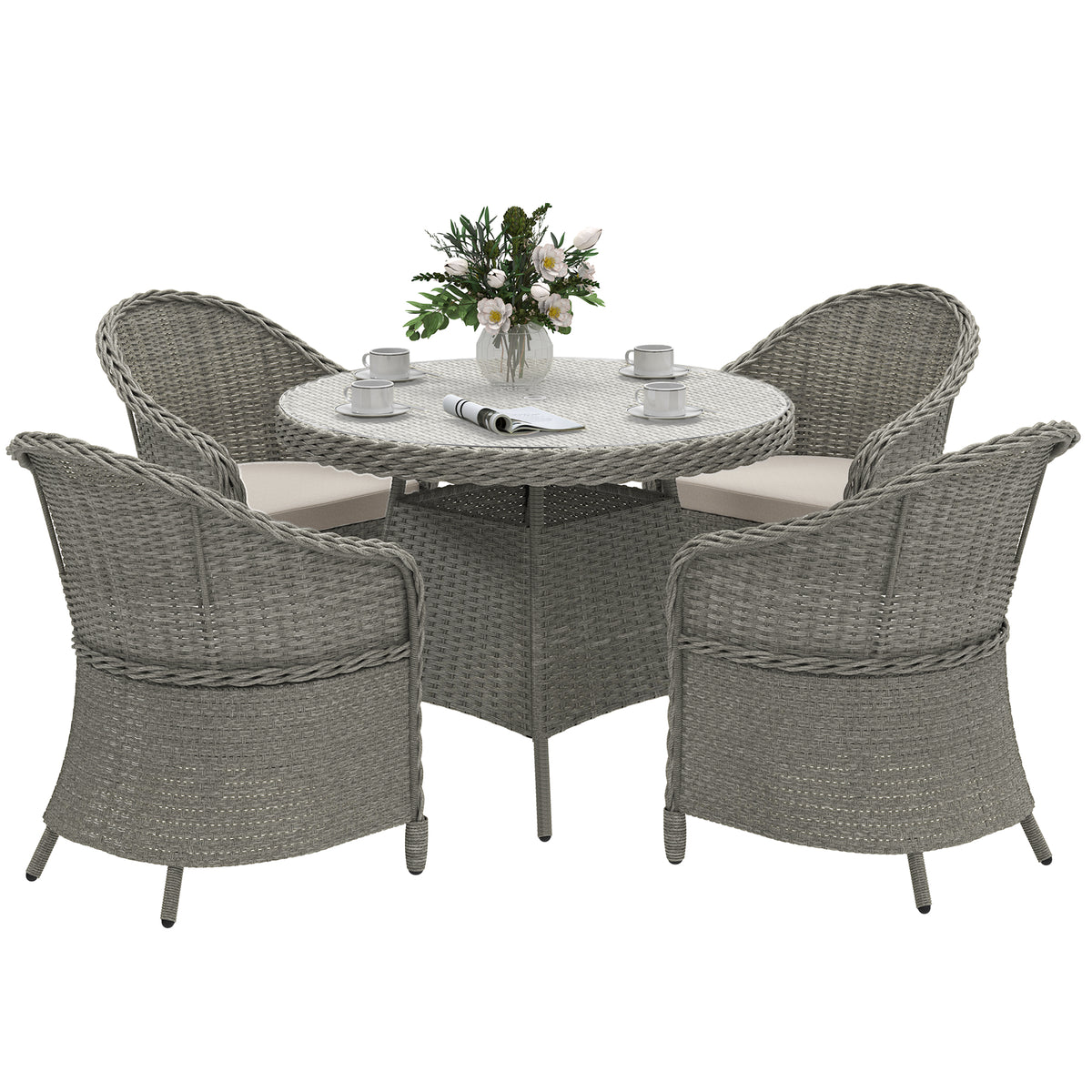 Outsunny 5-Piece Rattan Dining Set for 4 with Cushions and Umbrella Hole – Garden Furniture with Glass Table, Grey