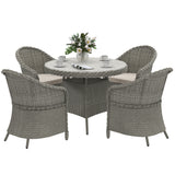 Outsunny 5-Piece Rattan Dining Set for 4 with Cushions and Umbrella Hole – Garden Furniture with Glass Table, Grey