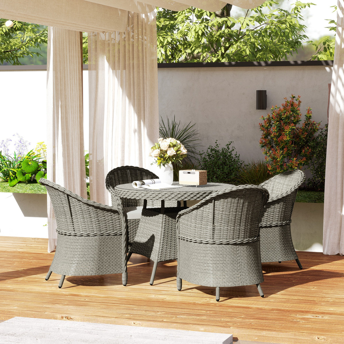 Outsunny 5-Piece Rattan Dining Set for 4 with Cushions and Umbrella Hole – Garden Furniture with Glass Table, Grey