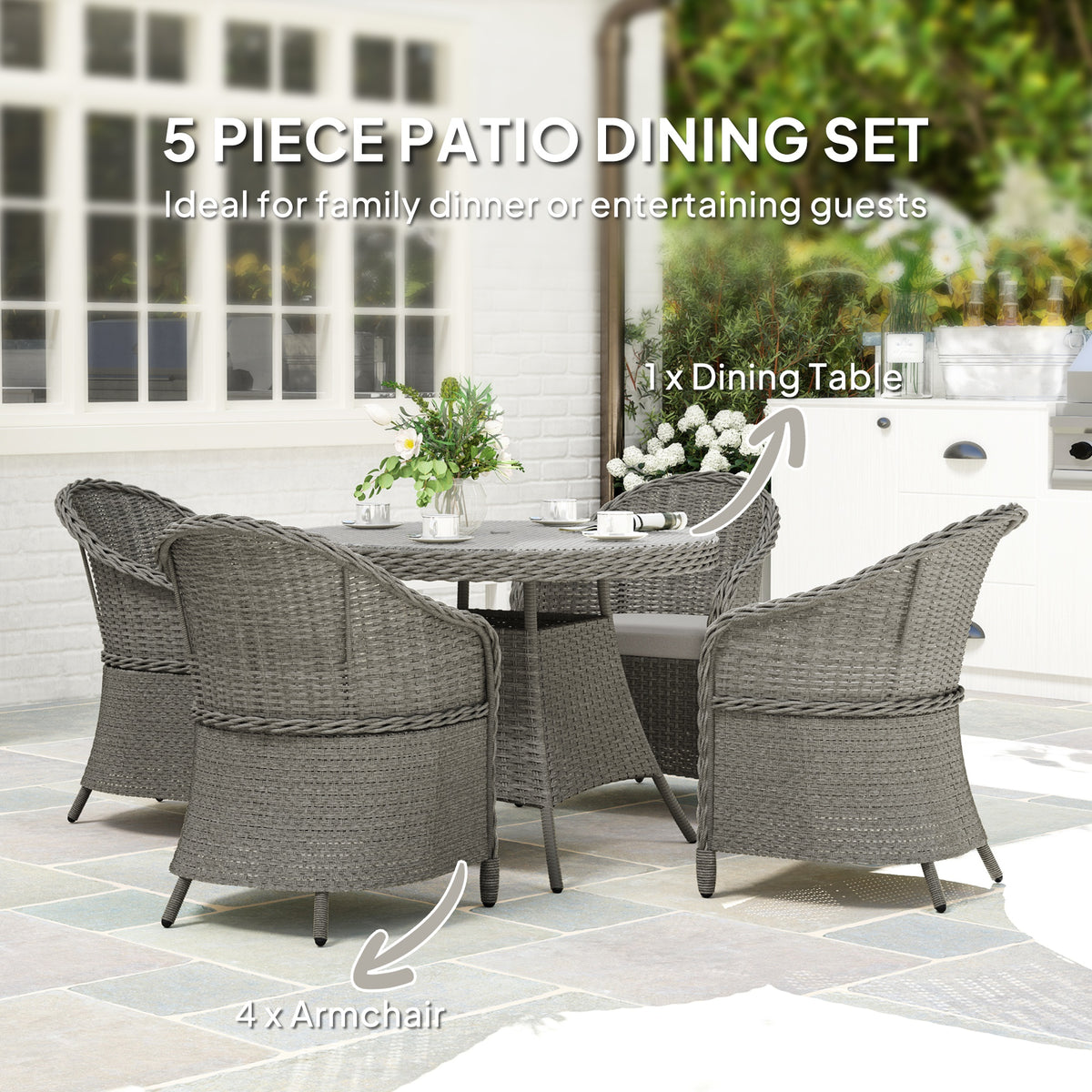 Outsunny 5-Piece Rattan Dining Set for 4 with Cushions and Umbrella Hole – Garden Furniture with Glass Table, Grey