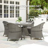 Outsunny 5-Piece Rattan Dining Set for 4 with Cushions and Umbrella Hole – Garden Furniture with Glass Table, Grey