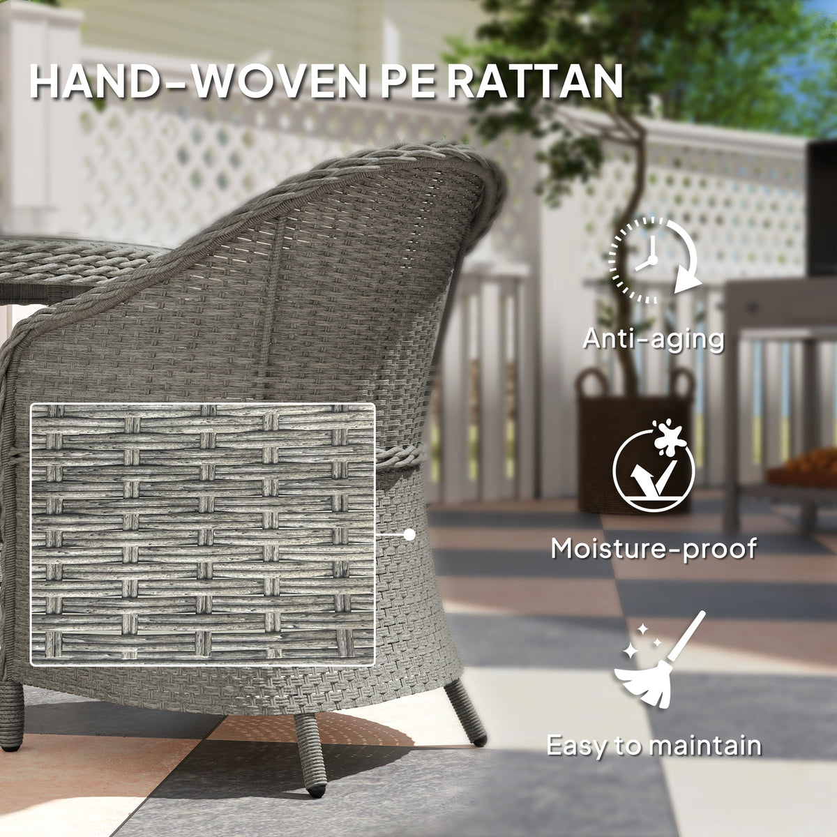 Outsunny 5-Piece Rattan Dining Set for 4 with Cushions and Umbrella Hole – Garden Furniture with Glass Table, Grey