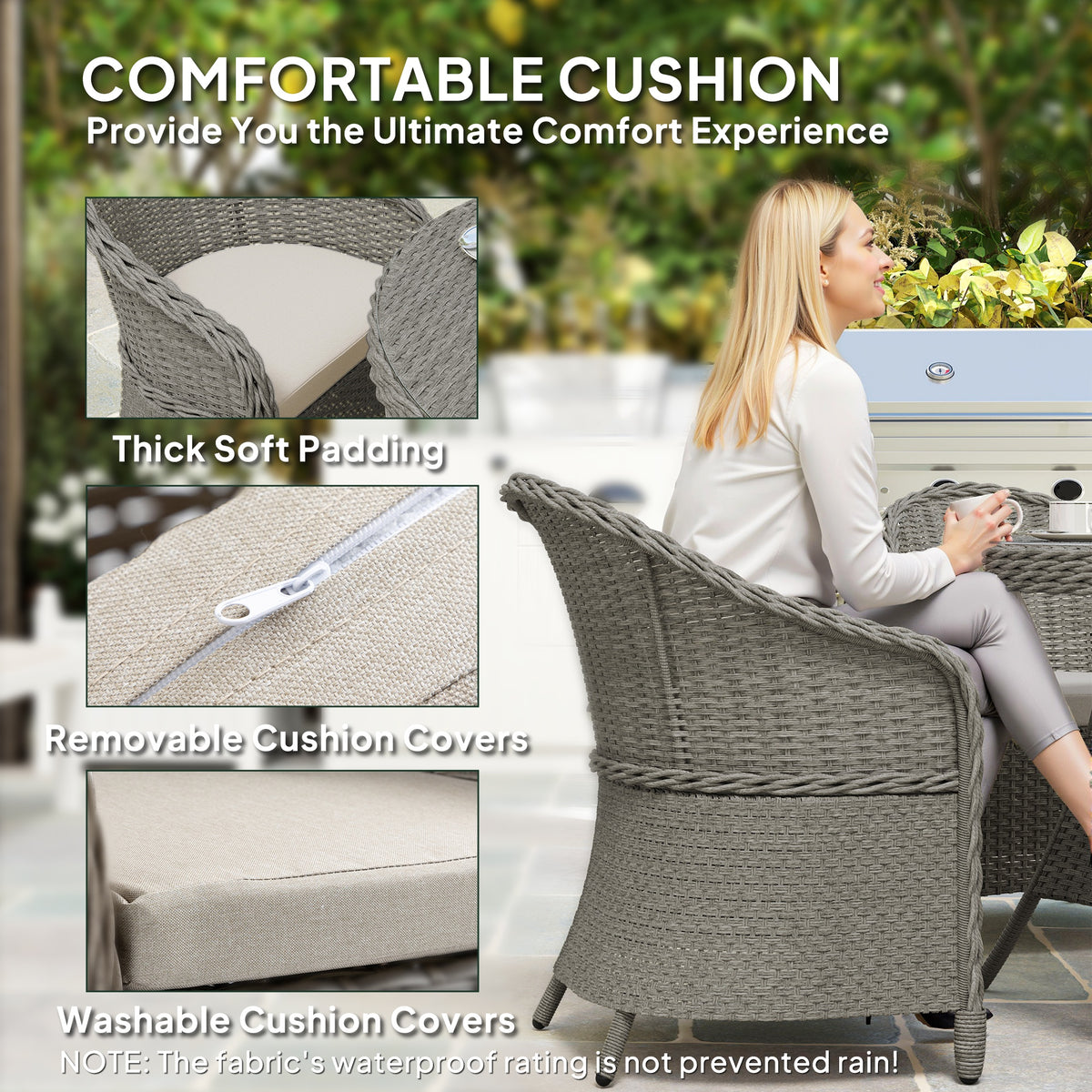 Outsunny 5-Piece Rattan Dining Set for 4 with Cushions and Umbrella Hole – Garden Furniture with Glass Table, Grey