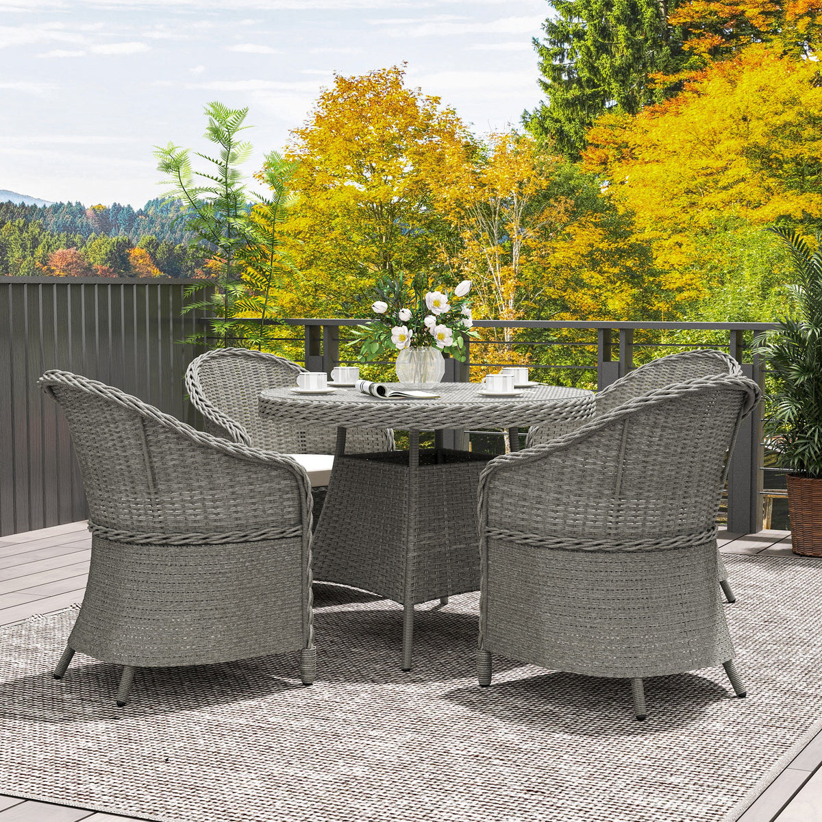 Outsunny 5-Piece Rattan Dining Set for 4 with Cushions and Umbrella Hole – Garden Furniture with Glass Table, Grey