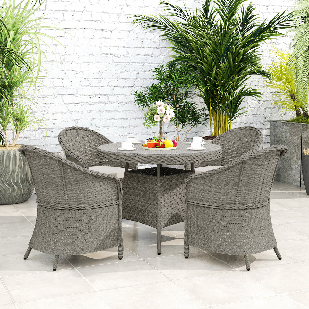 Outsunny 5-Piece Rattan Dining Set for 4 with Cushions and Umbrella Hole – Garden Furniture with Glass Table, Grey