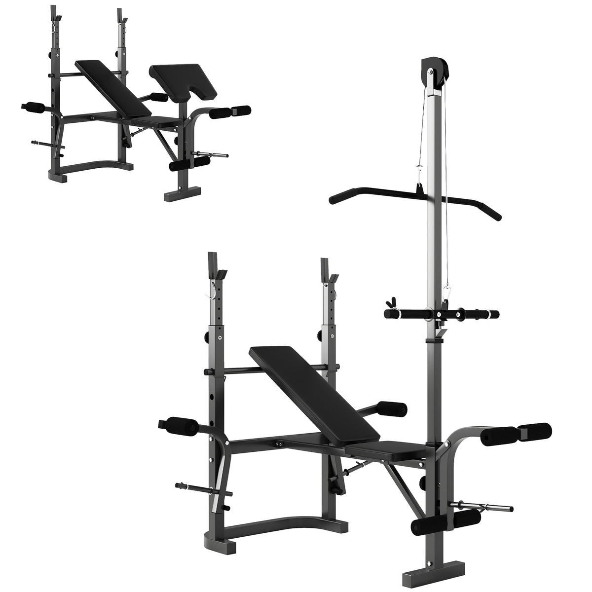 SPORTNOW Multi-Exercise Weight Bench with Bench Press Rack, Lat Pull Down & Preacher Curl – Incline or Flat, Black
