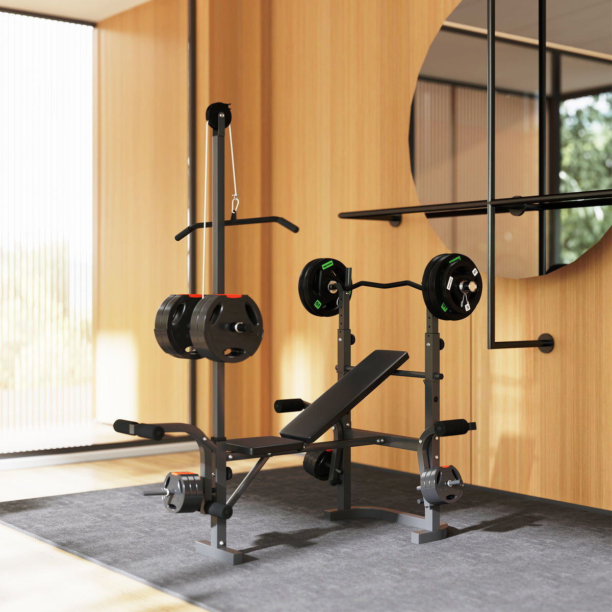 SPORTNOW Multi-Exercise Weight Bench with Bench Press Rack, Lat Pull Down & Preacher Curl – Incline or Flat, Black