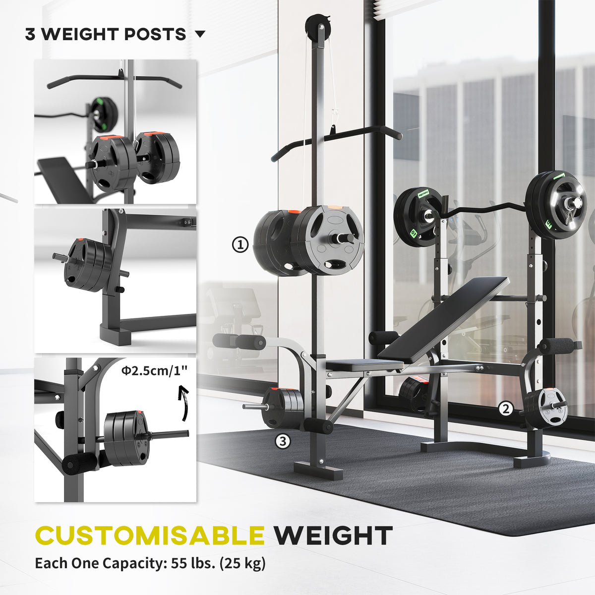 SPORTNOW Multi-Exercise Weight Bench with Bench Press Rack, Lat Pull Down & Preacher Curl – Incline or Flat, Black
