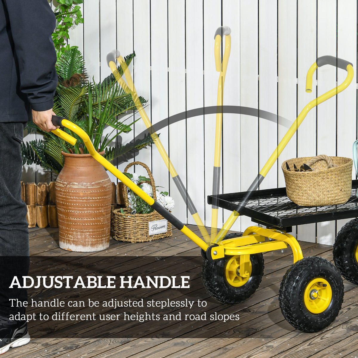 Outsunny Garden Trolley Cart with Pneumatic Wheels & Rotating Handle – 150kg Heavy Load Transport, Yellow