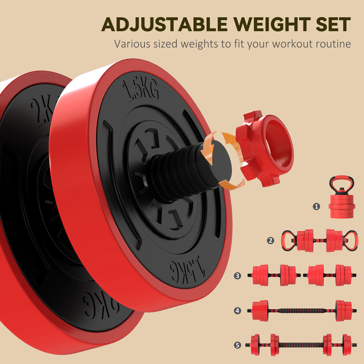 SPORTNOW 30kg 4-in-1 Adjustable Dumbbell Set with Barbell, Kettlebell & Push Up Stands – Home Gym Weights, Red