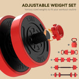 SPORTNOW 30kg 4-in-1 Adjustable Dumbbell Set with Barbell, Kettlebell & Push Up Stands – Home Gym Weights, Red